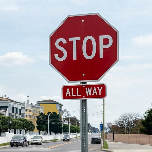 Example of All Way plaque with Stop sign, R1-3P