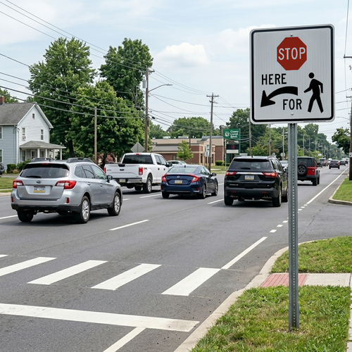 Example of Stop Here For Pedestrians (Left) sign, 36"x36" MUTCD