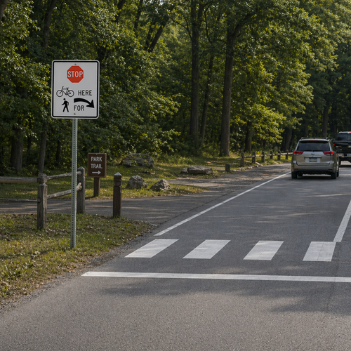 Stop Here for Trail Crossing (Right) sign, 36"x42" MUTCD
