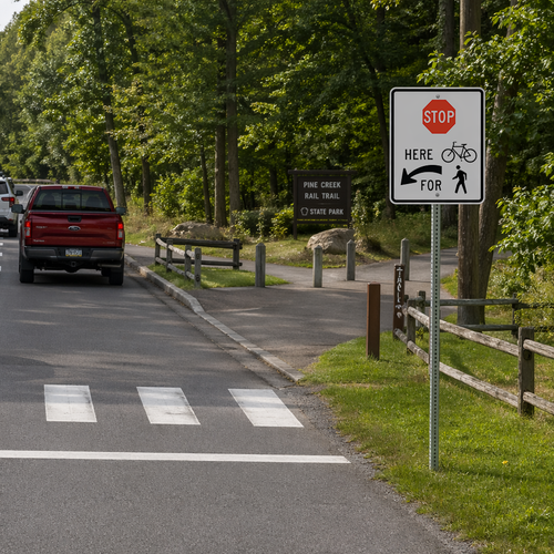 Stop Here for Trail Crossing (Left) sign, 36"x42" MUTCD