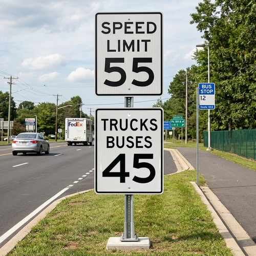 Trucks Buses Speed Limits 45 plaque with 55 Speed Limit sign, R2-2bP 24"x30"