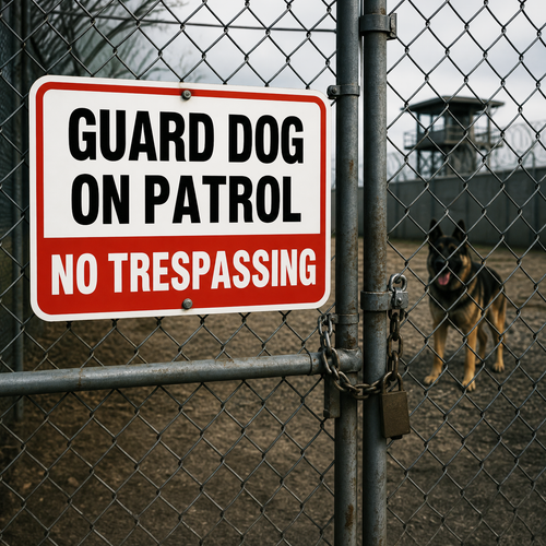 Example of Guard Dog On Patrol - No Trespassing,  Property Sign