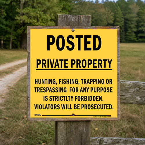 Example of Posted Private Property - Hunting, Fishing, Trapping Or Trespassing Strictly Forbidden, Yellow Warning Sign