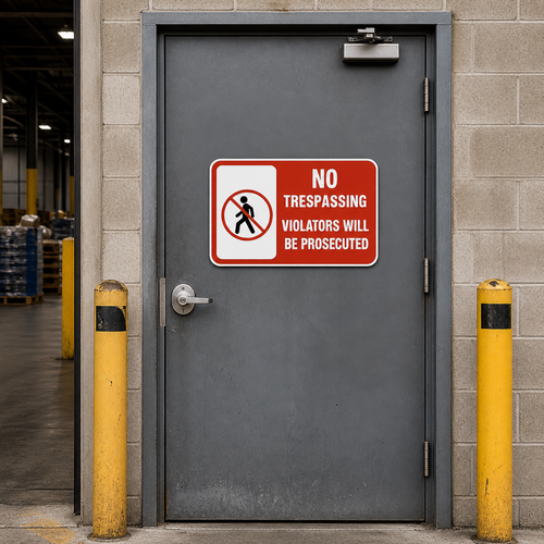 Example of No Trespassing - Violators Will Be Prosecuted (No Pedestrian Symbol), Property Sign