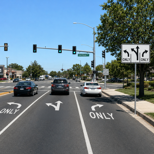Example of Advance Intersection Lane Control (3 lanes), MUTCD Lane  and Turn Control, R3-8aL 48"x30", 60"x36"