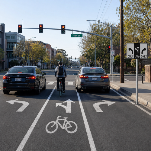 Example of Advance Intersection 3 Lane Control with Bike Lane (Forward and Left Turn), MUTCD Lane  and Turn Control, R3-8xb 54"x36"