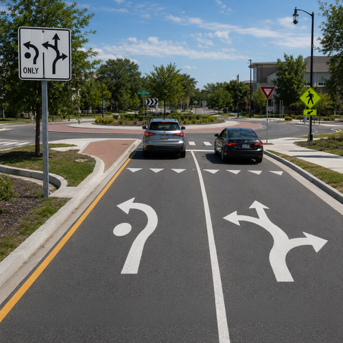Example of Advance Circular Intersection Lane Control (2 Lanes) - L_LTR, MUTCD Lane  and Turn Control , R3-8zd 36"x36"