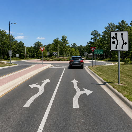 Example of Advance Circular Intersection Lane Control - 2 Lanes (Left-Thru/Thru-Right), MUTCD Lane  and Turn Control , R3-8zf 36"x36"