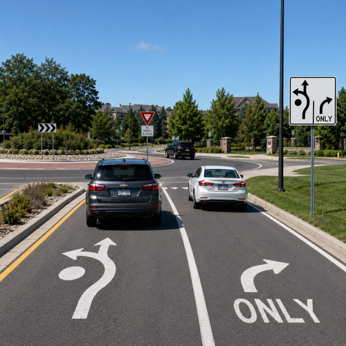 Example of Advance Circular Intersection Lane Control - 2 Lanes (Left-Thru/Right), MUTCD Lane  and Turn Control , R3-8zg 36"x36"