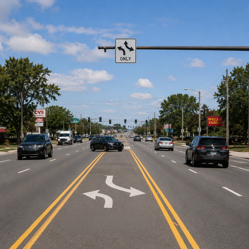 Example of Two-Way Left Turn Only (Overhead) R3-9a, MUTCD Lane  and Turn Control, 30"x36"