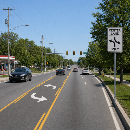 Example of Two-Way Left Turn Only - Post-Mounted R3-9b, MUTCD Lane  and Turn Control, 24"x36", 36"x48"