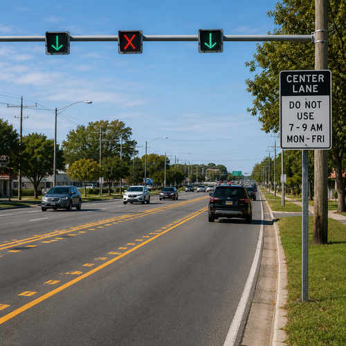 Example of Reversible Lane Control - Post-Mounted R3-9f, MUTCD Lane  and Turn Control, 30"x42", 36"x54"