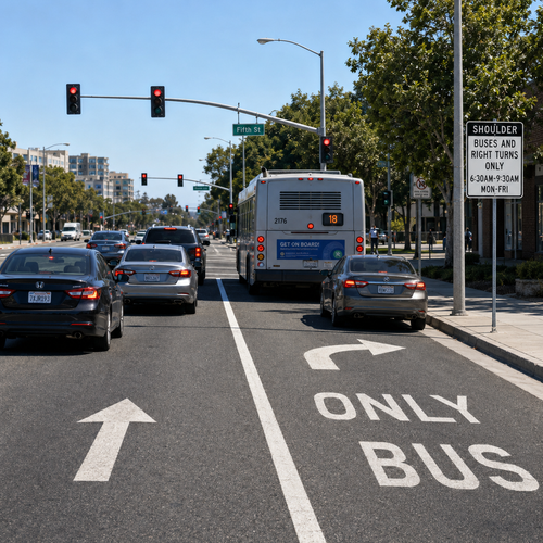 Example of Preferential Lane Operation - Shoulder Buses and Right Turns Only (Post-Mounted)R3-11g, MUTCD 30"x40", 36"x60"