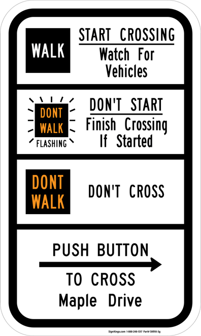 Pedestrian Crosswalk Text Instructional Sign with Street Name (Right Arrow), MUTCD Traffic Signals