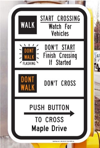 Pedestrian Crosswalk Text Instructional Sign with Street Name (Right Arrow), MUTCD