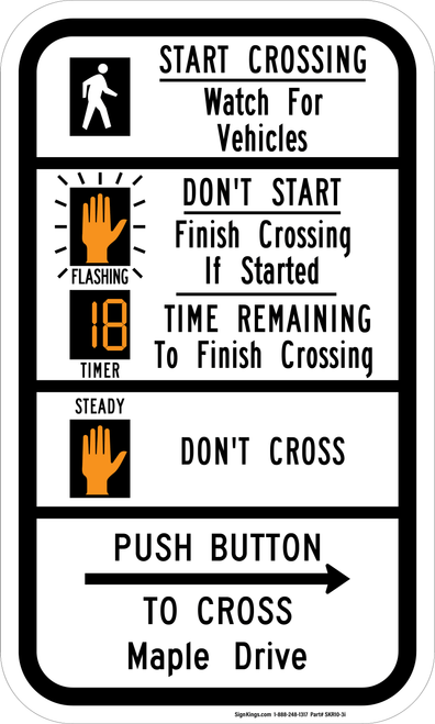 Pedestrian Crosswalk Countdown Instructional Sign with Street Name (Right Arrow), MUTCD Traffic Signals