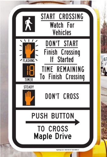 Pedestrian Crosswalk Countdown Instructional Sign with Street Name (Right Arrow), MUTCD