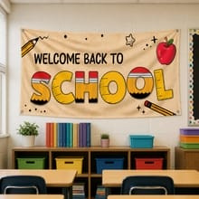 Welcome Back to School (Horizontal) Pencil Banner (Part#: BAN1012)  on classroom wall