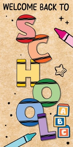 "Welcome Back to School (Vertical) Crayon Banner" (Part#: BAN1016)