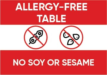 Allergy Free Table No Soy Or Sesame Sign" (Part#: SGN-FD-1004), Food Safety
