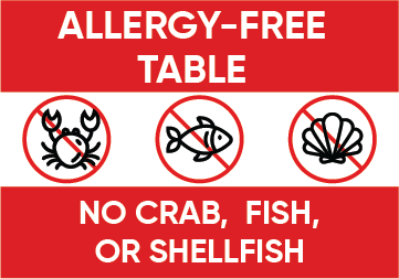 Allergy-Free Table: No Crab, Fish Or Shellfish, Food  Safety Sign