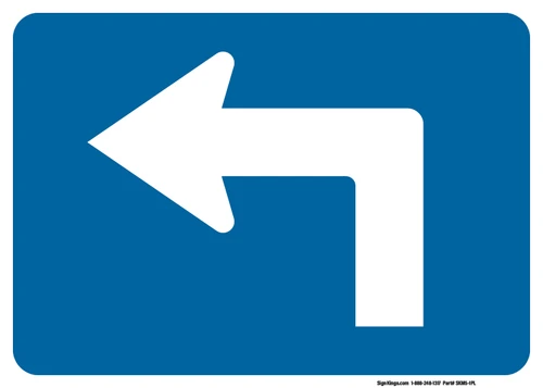 "Advance Turn Arrow Left Auxiliary Plaque, MUTCD Sign" (Part#: SKM5-1PL), 21x15, 30x21,  Blue / White (Interstate Routes)