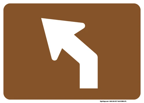 "Advance Turn Arrow Oblique Left Auxiliary Plaque, MUTCD Sign" (Part#: SKM5-2PL), 21x15, 30x21,  Brown / White (Forest / Parks)
