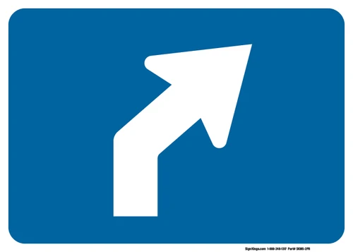 "Advance Turn Arrow Oblique Right Auxiliary Plaque, MUTCD Sign" (Part#: SKM5-2PR), 21x15, 30x21,  Blue / White (Interstate Routes)