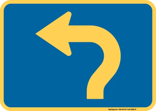 "Advance Turn Arrow Circular Intersection Auxiliary Plaque, MUTCD Sign" (Part#: SKM5-3P), 21x15, 30x21, Blue / Yellow (County Routes)