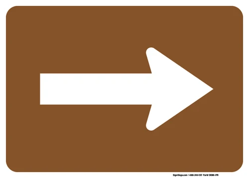 "Directional Arrow Right Auxiliary Plaque, MUTCD Sign" (Part#: SKM6-1PR), 24x18, 36x24,  Brown / White (Forest / Parks)