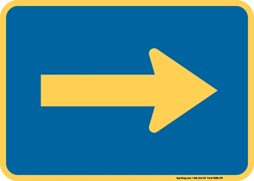 "Directional Arrow Right Auxiliary Plaque, MUTCD Sign" (Part#: SKM6-1PR), 24x18, 36x24, Blue / Yellow (County Routes)