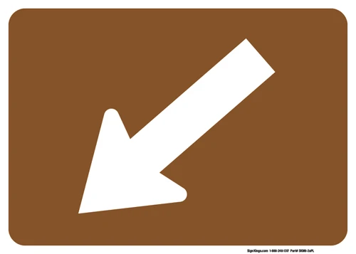 "Directional Arrow Oblique Downward Left Auxiliary Plaque, MUTCD Sign" (Part#: SKM06-02aPL), 21x15, 30x21,  Brown / White (Forest / Parks)