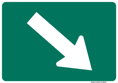 "Directional Arrow Oblique Downward Right Auxiliary Plaque, MUTCD Sign" (Part#: SKM6-2aPR), 21x15, 30x21, Green / White (Bicycle / Guide)