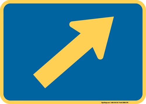 "Directional Arrow Oblique Right Auxiliary Plaque, MUTCD Sign" (Part#: SKM6-2PR), 21x15, 30x21, Blue / Yellow (County Routes)