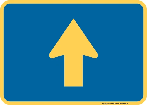 "Directional Arrow Through Auxiliary Plaque, MUTCD Sign" (Part#: SKM6-3P), 21x15, 30x21, Blue / Yellow (County Routes)