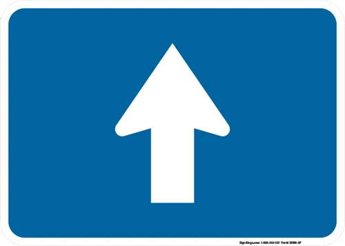 "Directional Arrow Through Auxiliary Plaque, MUTCD Sign" (Part#: SKM6-3P), 21x15, 30x21,  Blue / White (Interstate Routes)
