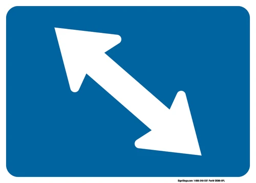 "Directional Arrow Oblique Two-Way Auxiliary Plaque, MUTCD Sign" (Part#: SKM6-5P), 21x15, 30x21,  Blue / White (Interstate Routes)