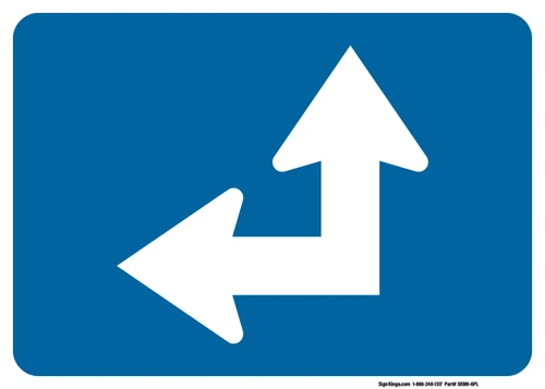 "Directional Arrow Through and Turn Left Auxiliary Plaque, MUTCD Sign" (Part#: SKM6-6PL), 21x15, 30x21,  Blue / White (Interstate Routes)