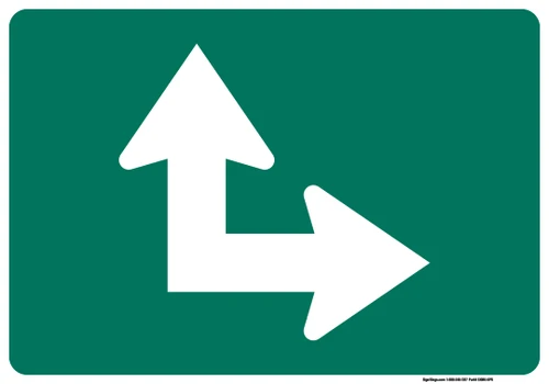 "Directional Arrow Through and Turn Right Auxiliary Plaque, MUTCD Sign" (Part#: SKM6-6PR), 12x9, 21x15, 30x21, Green / White (Bicycle / Guide)