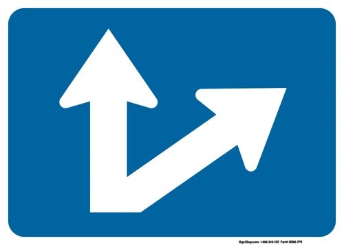 "Directional Arrow Through and Oblique Right Auxiliary Plaque, MUTCD Sign" (Part#: SKM6-7PR), 21x15, 30x21,  Blue / White (Interstate Routes)