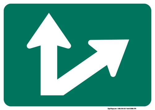 "Directional Arrow Through and Oblique Right Auxiliary Plaque, MUTCD Sign" (Part#: SKM6-7PR), 12x9, 21x15, 30x21, Green / White (Bicycle / Guide)