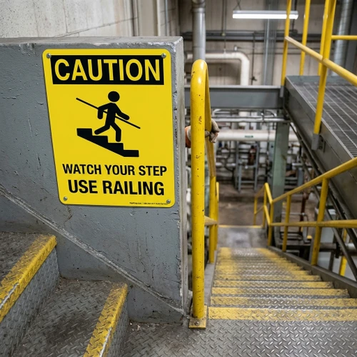 Watch Your Step Use Railing, CUSTOM Warning Sign (Vertical) (Part#: CUSTCAU-1)