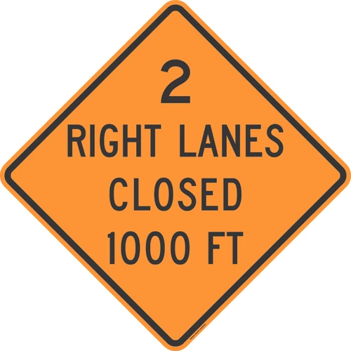 "2 Right Lanes Closed 1000 FT, MUTCD Sign" (Part#: SKW20-5AL-3)