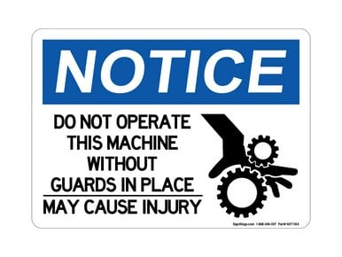 Do Not Operate Without Guards In Place May Cause Injury (With Hand In Gears Symbol), OSHA Notice Sign (Part#: NOT1184)