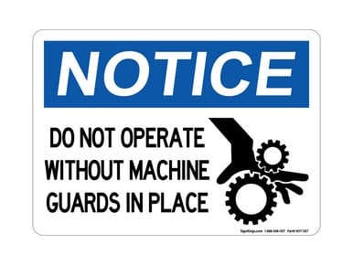 Do Not Operate Without Machine Guards in Place (With Hand In Gears Symbol), OSHA Notice Sign (Part#: NOT1187)