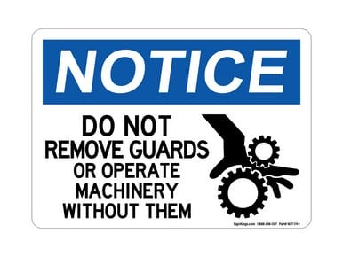 Do Not Remove Guards or Operate Machinery Without Them (With Hand In Gears Symbol), OSHA Notice Sign (Part#: NOT1194)
