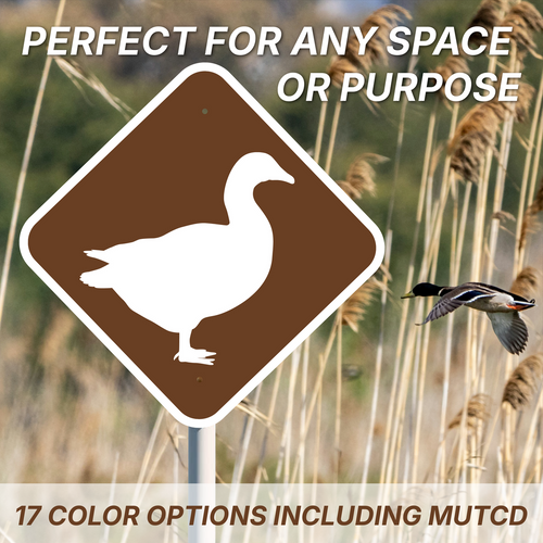 Custom "Duck" Brown and White Diamond Sign against a natural background with a duck mid flight.