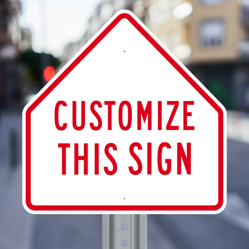 Custom Pentagon Sign on fence background.