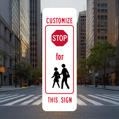 Custom Crosswalk Sign on street with a crosswalk in the background.