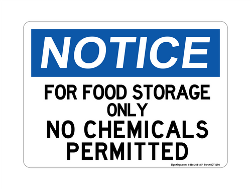 For Food Storage Only No Chemicals Permitted, Notice Sign